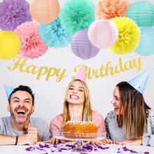 Pastel Rainbow Party Decorations, 15PCS Macaron Tissue Pom Poms & Paper Lanterns, Colorful Hanging Supplies For Birthday, Baby Shower, Classroom & Carnival Themed Parties - View 3