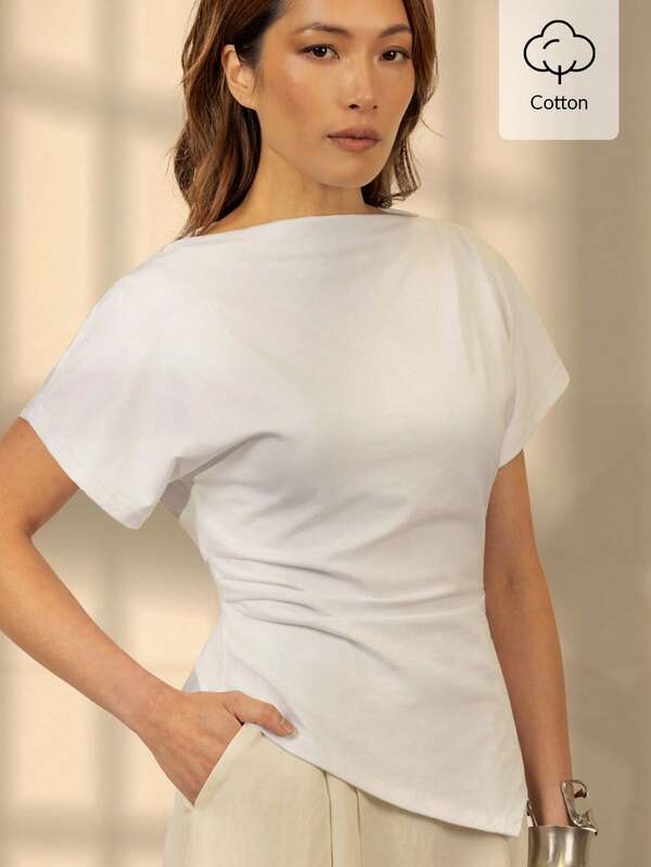 KÆRIA Hus Iver Asymmetric Top - Cotton Comfort, Gathered, Crew Neck, Short Sleeve, Draped, Side Ruching, Fitted - White - Casual, Wardrobe Staples