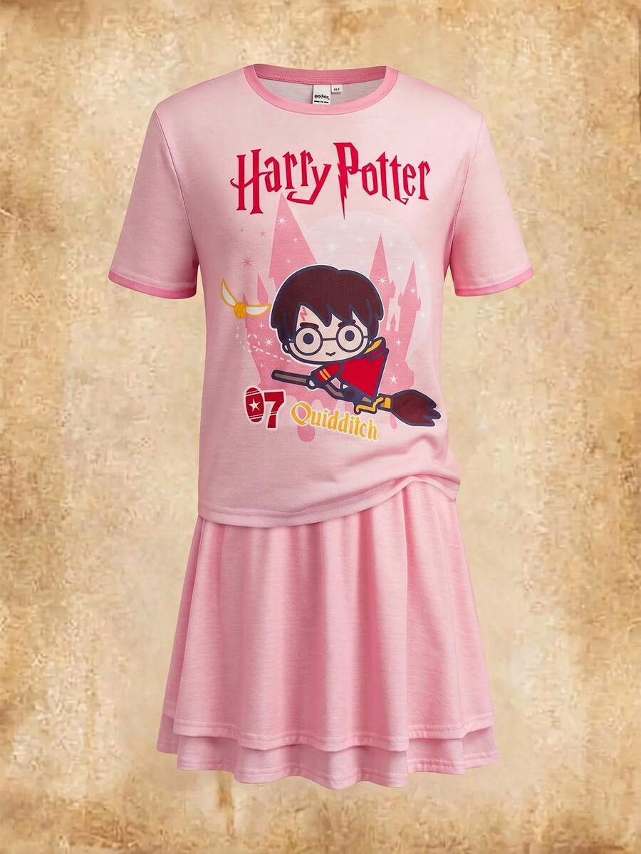 HARRY POTTER X SHEIN 2pcs/Set Cute Style Tween Girl T-Shirt Set, Round Neck Short Sleeve Fitted Comfortable Top Paired With Double-Layer Skirt, Collaboration T-Shirt Set - Pink - View 1