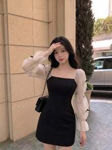 SHEIN MOD Bow Detail Flare Sleeve Dress, Graduation Dress - Black - View 3