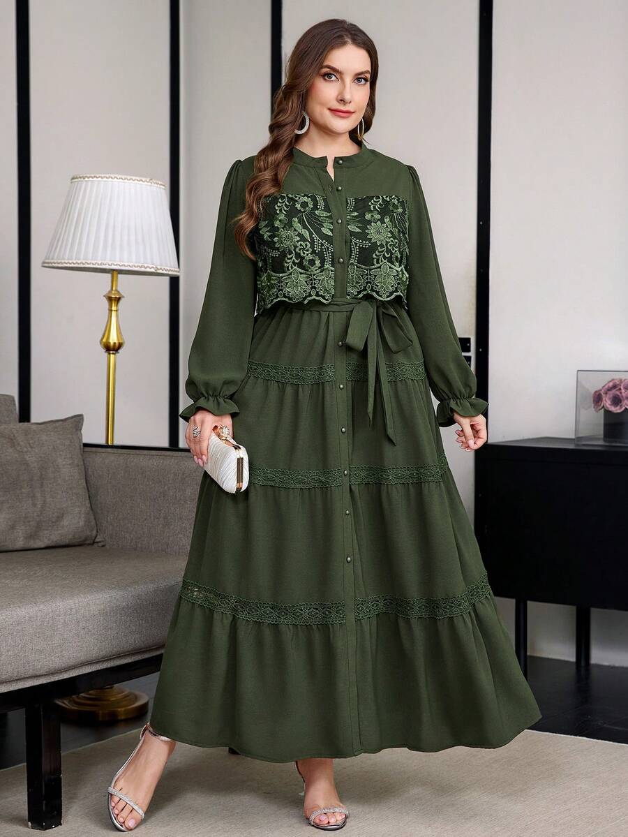 Reflora Plus Size Vacation Fashion Lace Patchwork Flared Cuff Button Dress - Green - View 1