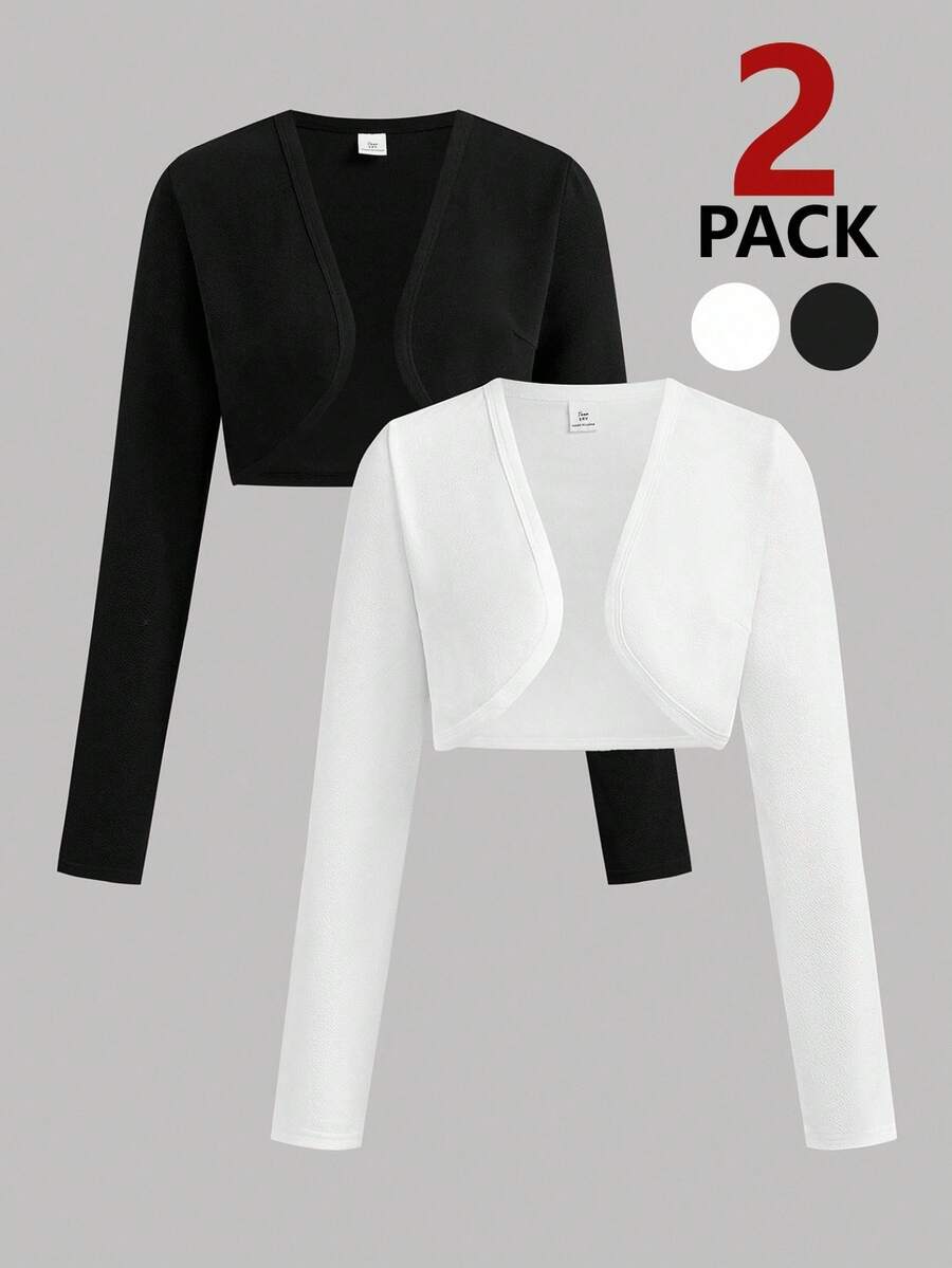 SHEIN Girlism 兒童青少年女款 2件組秋冬新款針織純色黑白修身休閒短版長袖開襟外套,買1送1,外套開襟衫 - 黑與白 - 查看 1