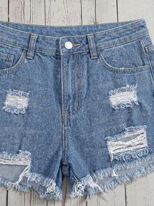SHEIN Teen Girl Distressed Frayed Edge Slanted Pocket Denim Shorts - Light Wash - View 5