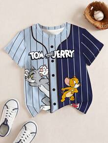 TOM & JERRY X SHEIN 小男孩休閒拼色條紋卡通印花T恤，夏季 - 白色 - View 1