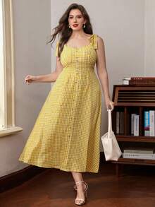 SHEIN Clasi Summer Vintage Style Yellow & White Plaid Tie Strap Square Neck / Heart Neck + Wide Strap Design Plus Size Dress - Yellow - View 4