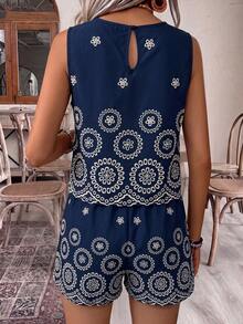EMERY ROSE Vacation Linen-Like Fabric Round Neck Sleeveless Printed Top & Shorts For Women - Navy Blue - View 2