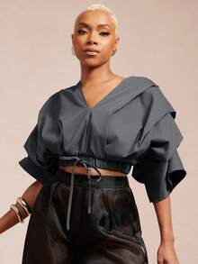 Vixey Solid Color Woven Pleated Structure Sleeve Cinched Waist Top, Work Office Top, Summer/Spring - Grey - View 4