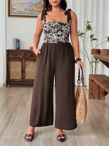 Weeklong Plus Size Bohemian Boho Vacation Casual Strappy Tie-Up Spaghetti Strap Sleeveless Printed Patchwork Long Pants Jumpsuit Brunch Brown Summer - Brown - View 5