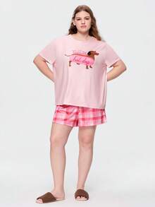Bonmuse Plus Size 3-Piece Pajama Set For Women, Cool Short Sleeve Top, Shorts And Long Pants, Round Neck Pullover, Comfortable Loose Fit, Cute Dachshund Dog Graphic Print, Suitable For Home, Vacation, Holiday, Party, Beach, And Casual Wear, All Seasons - Pink - View 6