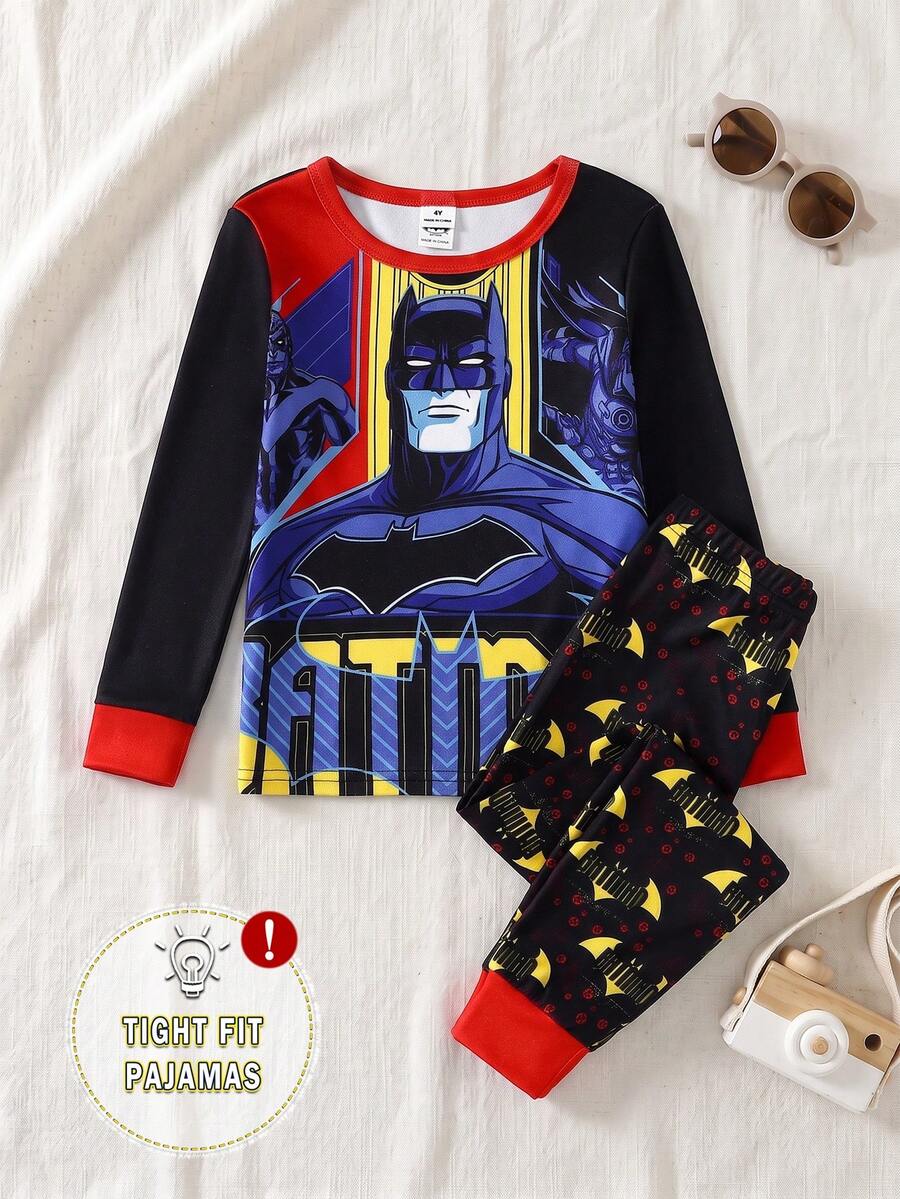 BATMAN X SHEIN 小男孩卡通印花長袖上衣與長褲舒適修身套裝,適合居家與戶外穿著,百搭款 - 黑色 - 查看 1