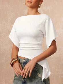 Lumalex Women's Knitted Textured Waist-Cinched Asymmetrical Hem T-Shirt - White - View 1