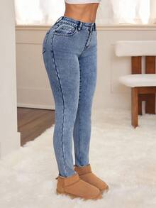 SHEIN PETITE بنطلون جينز نسائي شتوي مبطن حراري بقصة ضيقة ملابس خريفية - أزرق متوسط - مشاهدة 6