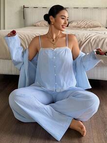 Dazy Plus Setelan Piyama Biru Musim Semi/Musim Panas, Model Kasual Bergaris untuk Pakaian Rumah, Atasan Camisole Lengan Panjang, Cardigan, dan Celana. - Baby Blue - View 9