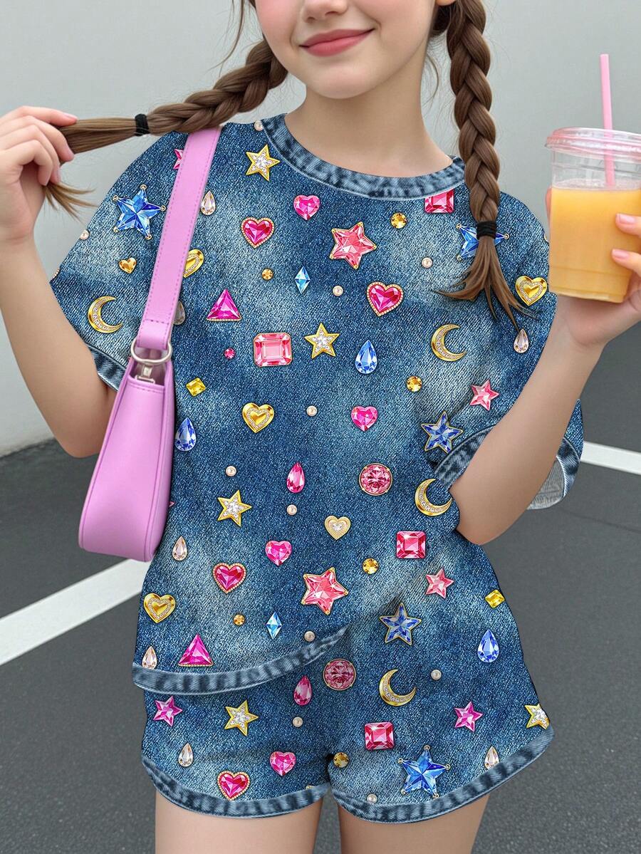 Tween女孩休閒極簡可愛甜美波點亮面紋理花卉愛心印花,鈷藍色,短袖短褲兩件套,適合夏季舒適春夏風格,圖案,卡哇伊 - 彩色 - 查看 1