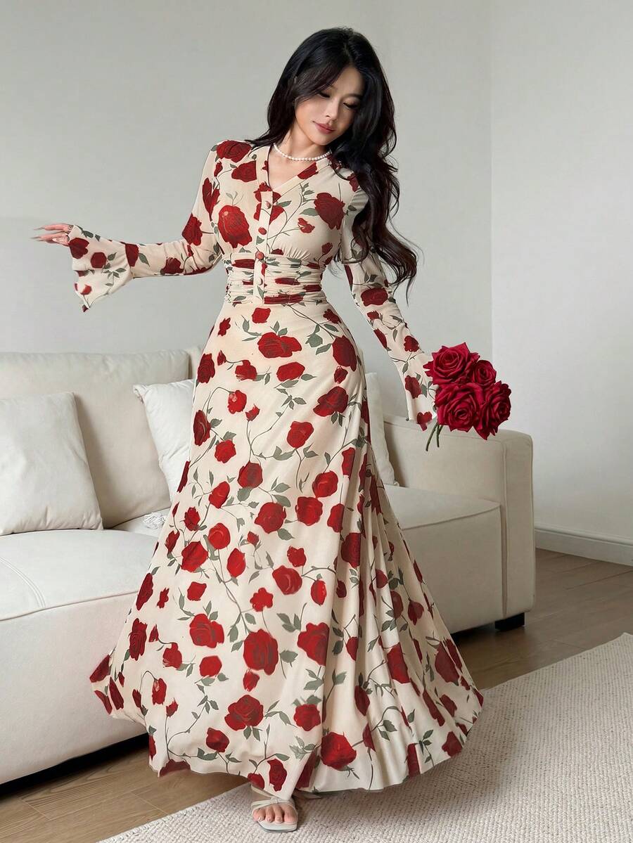 Feyla New Design V-Neck Waist-Cinching Slimming Floral Print Elegant Romantic Vacation Party Elegant Sexy Dress - Multicolor - View 1