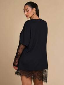 SHEIN BAE CURVE 大尺碼女款抓皺短袖蕾絲拼接上衣，大尺碼 T-shirt - 黑色 - 查看 2