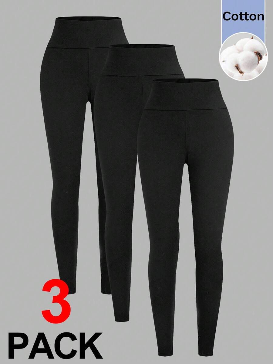 SHEIN Girlism TEENGIRL 黑色緊身彈性休閒運動內搭褲,純色運動慢跑內搭褲,買1送2共3件 - 黑色 - 查看 1