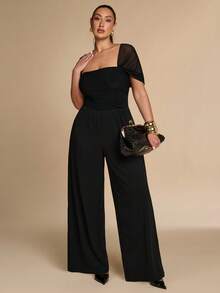 SHEIN BAE CURVE Plus Size Women's Black Lace Patchwork Long Sleeve Wide Leg Jumpsuit, Elegant Business Casual Dinner Cocktail Summer - Black - View 8