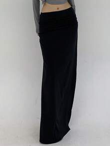 DAZY Women's Solid Color High Slit Skirt - Black - View 4