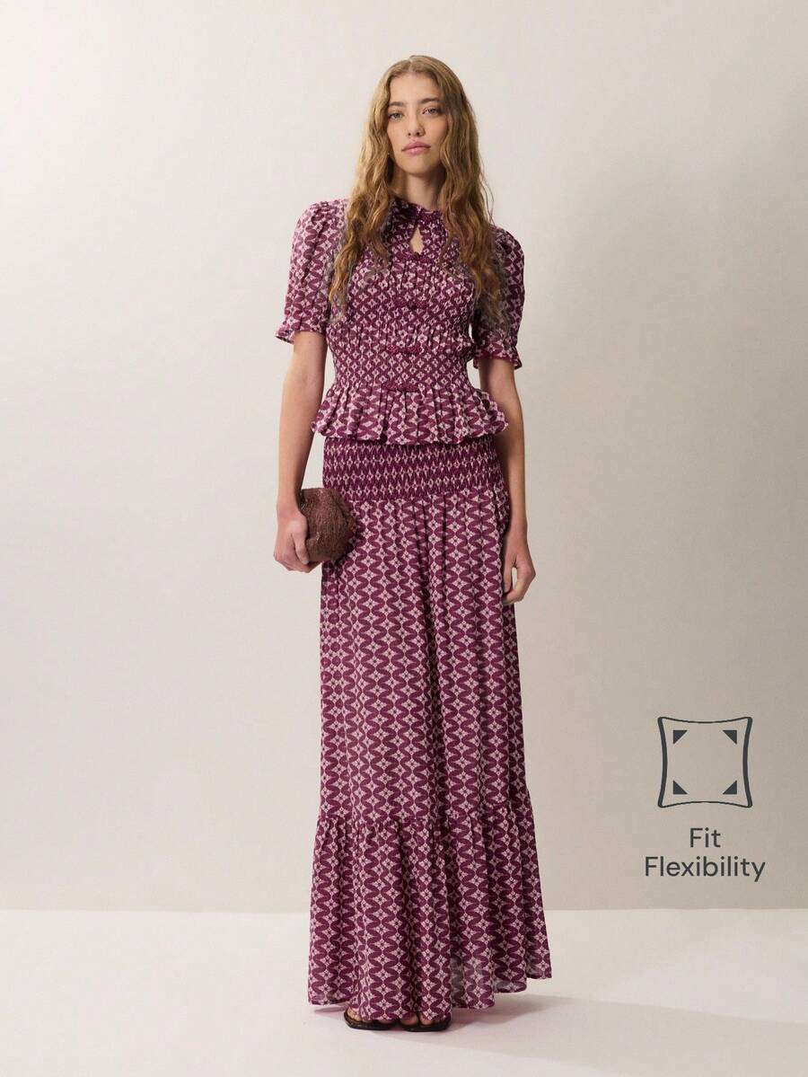 Nöista Bohemian Print Two Pieces Set With Pleated Midi Skirt. Summer, Fall, Resort, Casual Chic Style. - Red Violet - View 1