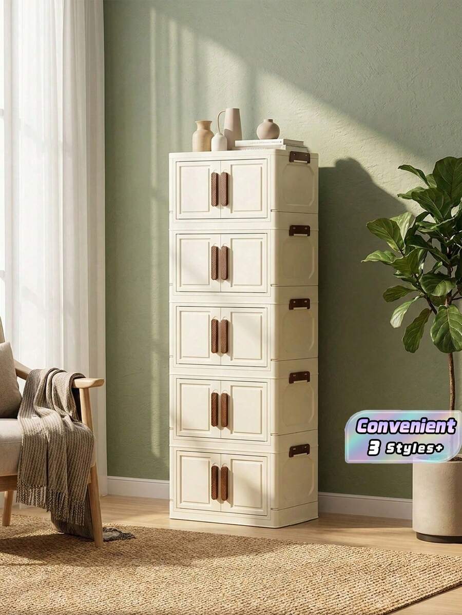5-Layer Stackable Plastic Storage Box With Lid - Wardrobe Organizer, 32-Front Folding Box, Foldable Storage Container, Craft Storage Box, Suitable For Homes, Pantry, Offices, Dormitories (Without Wheels) - White - View 1