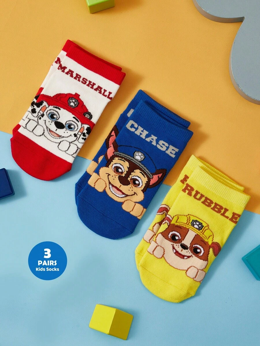 SHEIN | PAW Patrol 3雙純棉柔軟透氣吸濕兒童襪,鮮豔配色可愛卡通,四季適用,適合學校與戶外活動 - 混色 - 查看 1