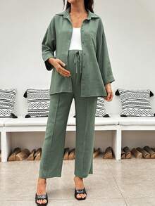 SHEIN Maternity Solid Color Single-Breasted Long Sleeve Top And Adjustable Waist Long Pants Casual Daily 2 Pieces Set Fall - Green - View 8