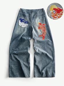ROMWE MEN Jeans de corte holgado con patrón bordado para hombre - Azul - Ver 1