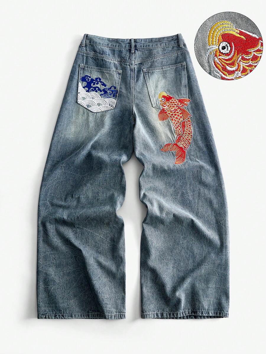 ROMWE MEN Jeans de corte holgado con patrón bordado para hombre - Azul - Ver 1