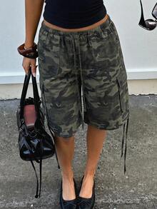 Sinnesro WOMEN Cargo Utility Long Shorts Military Combat Style Drawstring Elastic Waist Summer Spring Casual Pockets Bermuda Length Outdoor Hiking Walking ,Petite Women - Army Green - View 3