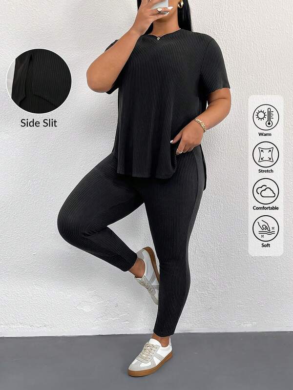 Shapeblank Plus Size Women's Spring/Autumn Fashion Casual Elastic Warm Comfortable Daily All-Match Versatile Slimming Brushed Fabric Short Sleeve Top And Leggings 2-Piece Set, Autumn Clothing, Outwear, Minimalist Style