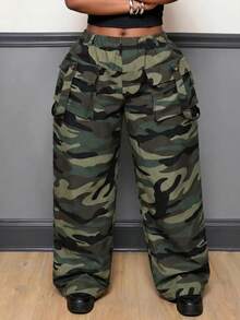 Slaydiva Plus Size Women's Camouflage Casual Versatile Everyday Travel Long Pants Fall - Green - View 9