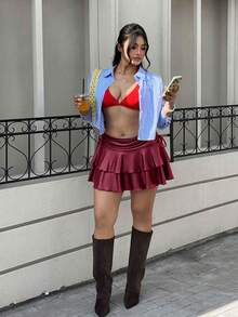 GalTyme 大尺碼女款度假時尚分層百褶設計側綁帶裙 - 酒紅色 - 查看 7