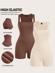 SHEIN BASICS 2件組女款休閒素色針織連身褲，可變換領口設計，夏季服飾 - 棕色 - 查看 10