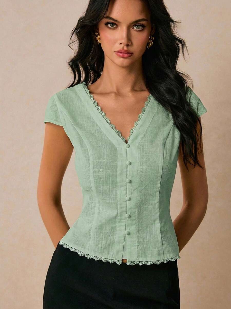 Poéselle 女款夏季休閒純色蕾絲飾邊上衣 - 薄荷綠 - 查看 1