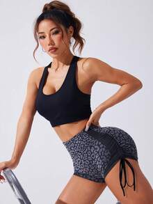 Menodora SHEIN Sport 女款豹紋側抽繩高腰修身運動短褲 - 彩色 - 查看 5