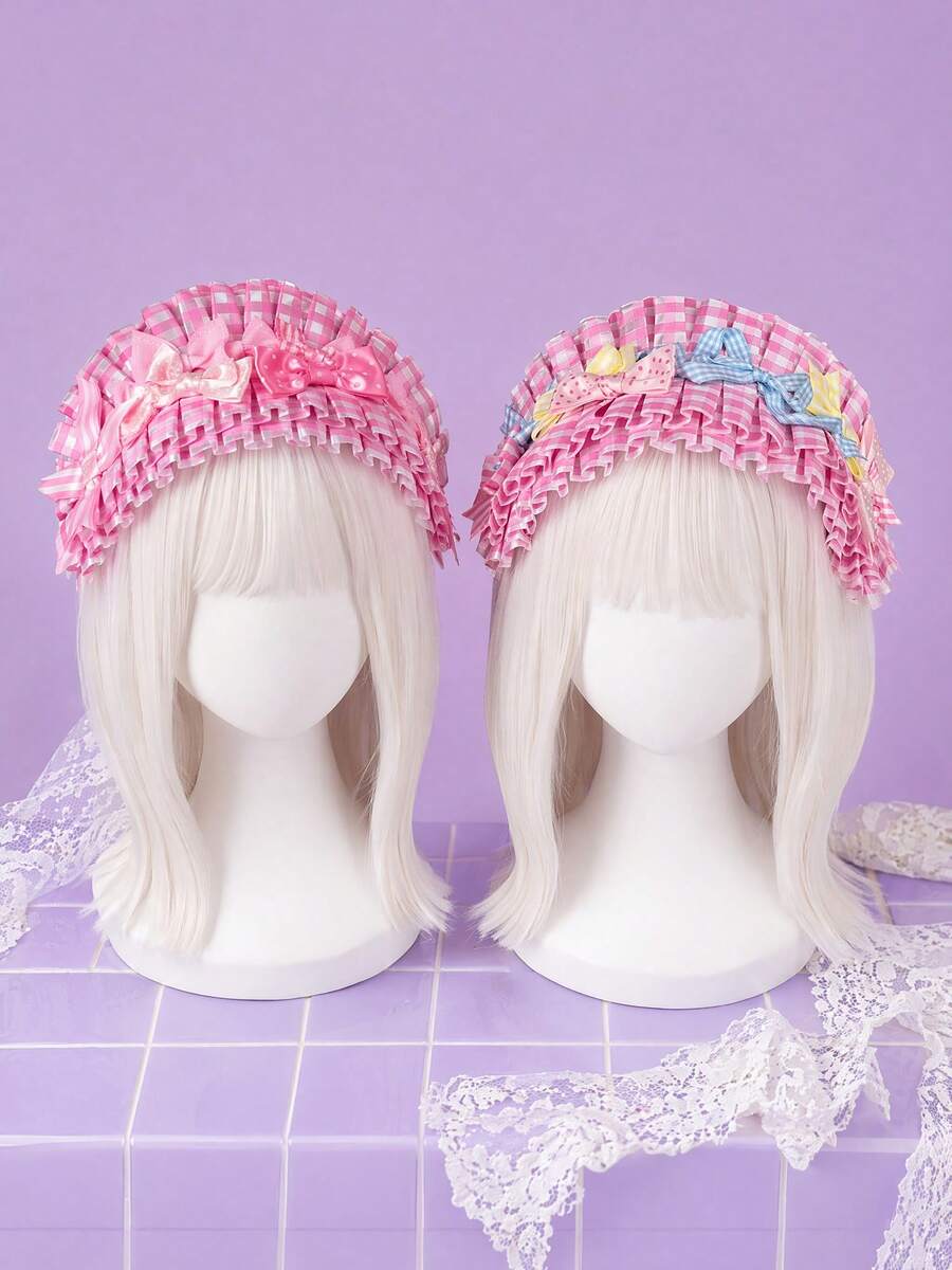 Zazumi 1PC/2PCS Kawaii Soft Girl Hair Band Pink Plaid Pleated Pastel Bows Ruffled Frill Hair Decor Accessory With Lace Strap For Casual Outings Gatherings - Multicolor - View 1