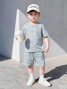 SHEIN Genkimix Kids 男童休闲纯色T恤+短裤两件套，适合日常穿着、上学、旅行、户外玩耍、夏季穿着。 - 淺藍色 - 查看 5