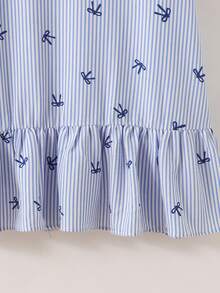 SHEIN 青少年女孩 Polo 領藍白條紋櫻桃印花短袖中長洋裝，返校季 - 藍色 - 查看 9