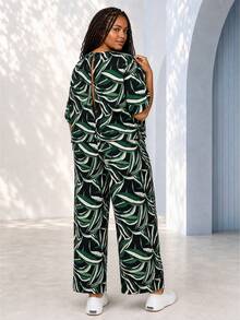 ELLERISSA Mono de pierna ancha y corto con estampado tropical verde en talla grande - Verde - Ver 2