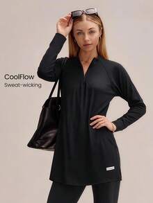 GLOWMODE Modest 1PC Cool Flow Cooling Quick-Dry Sun Protection Thumbholes Split Side Hem Quarter-Zip Oversized Pullover Sweatshirt Running Workout Gym - Black - View 8