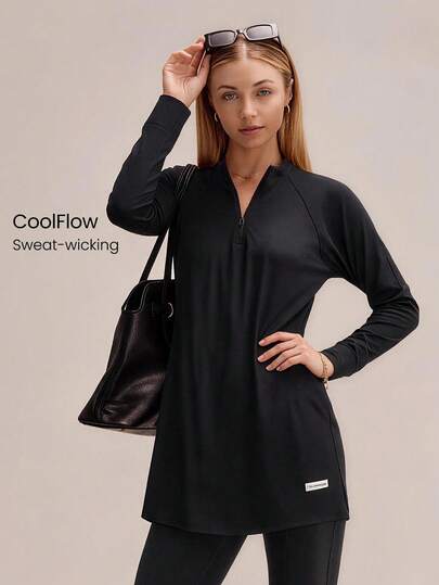 GLOWMODE Modest 1PC Cool Flow Cooling Quick-Dry Sun Protection Thumbholes Split Side Hem Quarter-Zip Oversized Pullover Sweatshirt Running Workout Gym