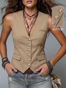 Solivie Women's Summer Elegant Smart Casual Commute Business Brunch Office Solid Color Sleeveless Blouse Khaki - Apricot - View 3