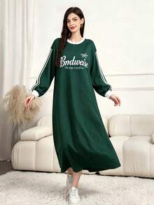Mulvari Women's Casual Slogan Graphic Print Dark Green Long Dress, Fall Fashion Round Neck Striped Raglan Long Sleeve Sweatshirt Dress For Homewear - Green - View 1