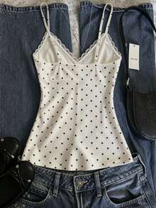 IslaSuriya Polka Dot Print Lace Patchwork Cup Cross Strap Top - Multicolor - View 2
