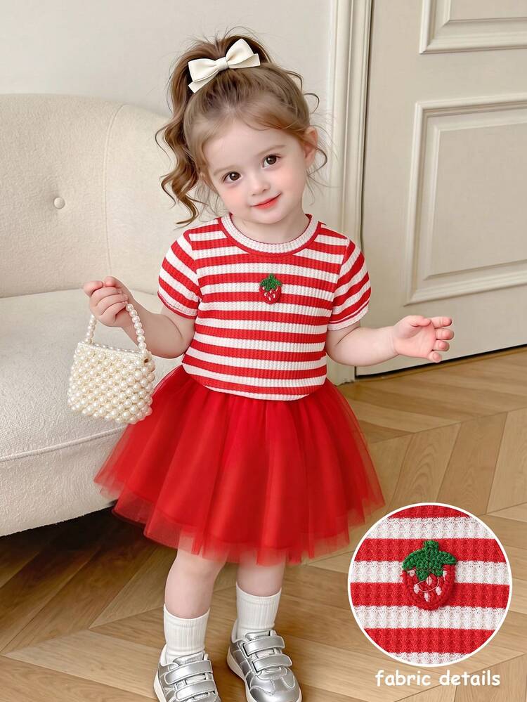 SHEIN Baby Girl Textured Knit Red & White Striped Top With Cute Red Strawberry Short Sleeve Design, Paired With Red Fluffy Tulle Skirt, Suitable For Daily Wear, Vacation, Sweet & Cute Outfit Set - Red - View 4