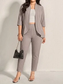 Comfylo 大尺碼女款 3/4 袖西裝外套與長褲套裝，商務休閒女式套裝 - 彩色 - 查看 3
