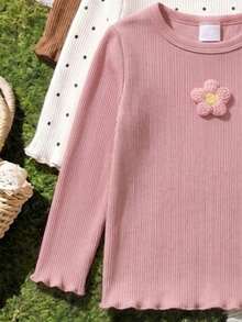 SHEIN 1件女款圓領長袖上衣，3D花朵貼花，可選粉色3D花朵、波點、咖啡色、蝴蝶結款式，垂直紋理荷葉邊下擺，修身版型，適合外出、日常穿著，春秋冬季 - 杏色 - 查看 5
