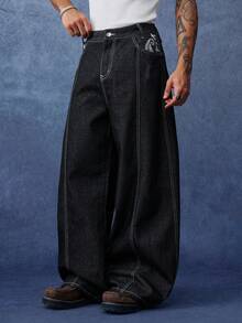 PAVTROS Men's Casual Washed Wide Leg Jeans - Black - View 5
