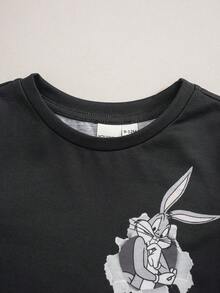LOONEY TUNES X SHEIN 男嬰卡通圖案印花條紋拼接配色短袖T恤短褲套裝 - 黑色 - 查看 3